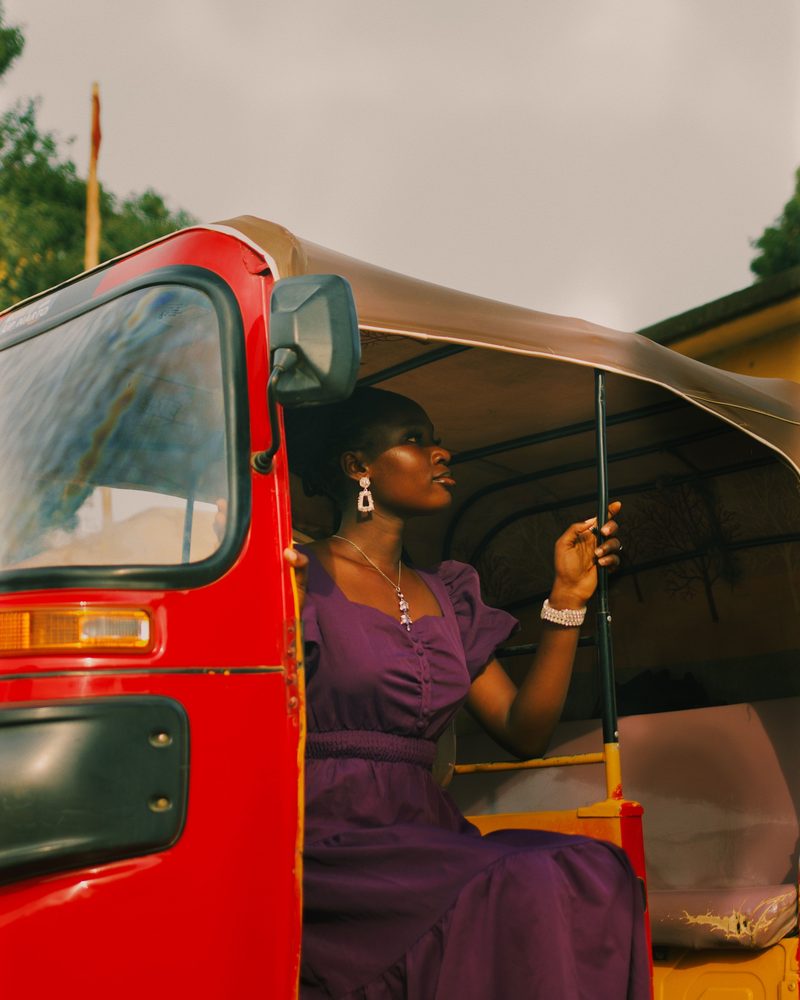 Look 01 — the Belmont wrap dress worn with the Laurel silk square in Carytown at dusk