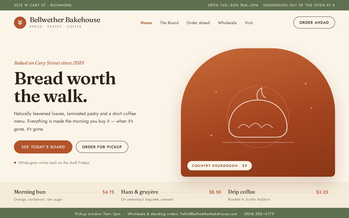 Homepage of Bellwether Bakehouse